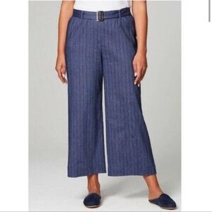 J Jill Love Linen Jenna Wide Leg Crop Pant Belted XL Petite‎ Blue Denim Stripe